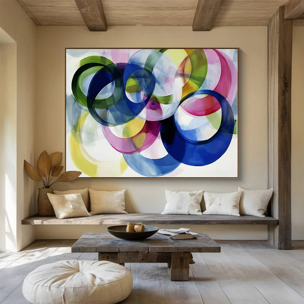 Large abstract painting with colorful overlapping circles on a white background showcasing joyful energy and playful modernity through soft edges and visible brushstrokes.SC525