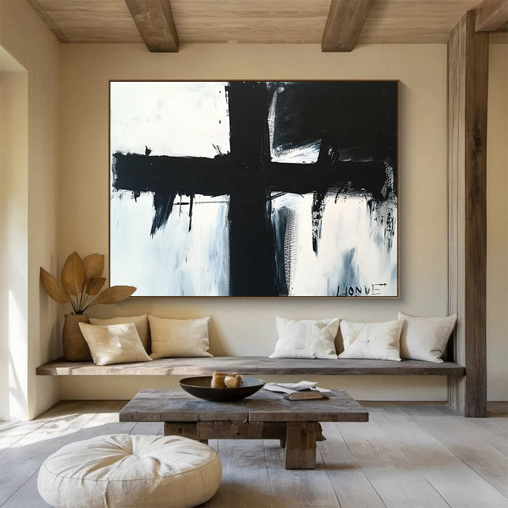 Black and White Cross Abstract Painting with Dripping and Bold Lines DYP179