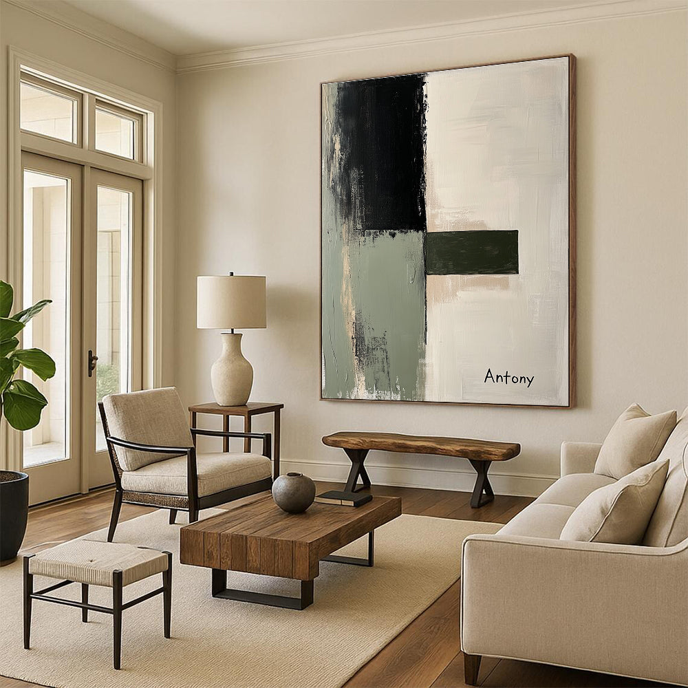 Large abstract painting featuring a light gray sage green and black palette with minimalist landscape shapes and the inscription Antony.STSC730
