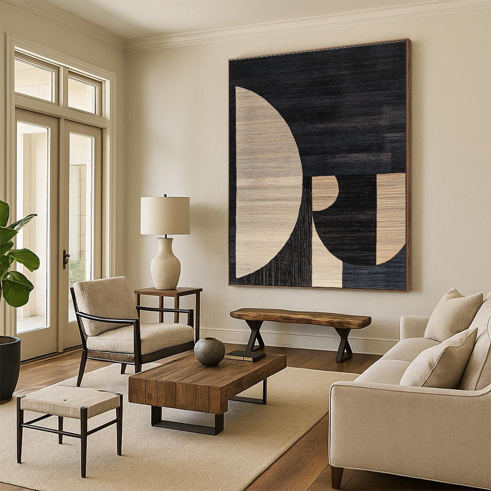 Large abstract rug featuring a minimalistic Bauhaus design with soft edges contrasting dark gray beige black and white tones.STSC1169