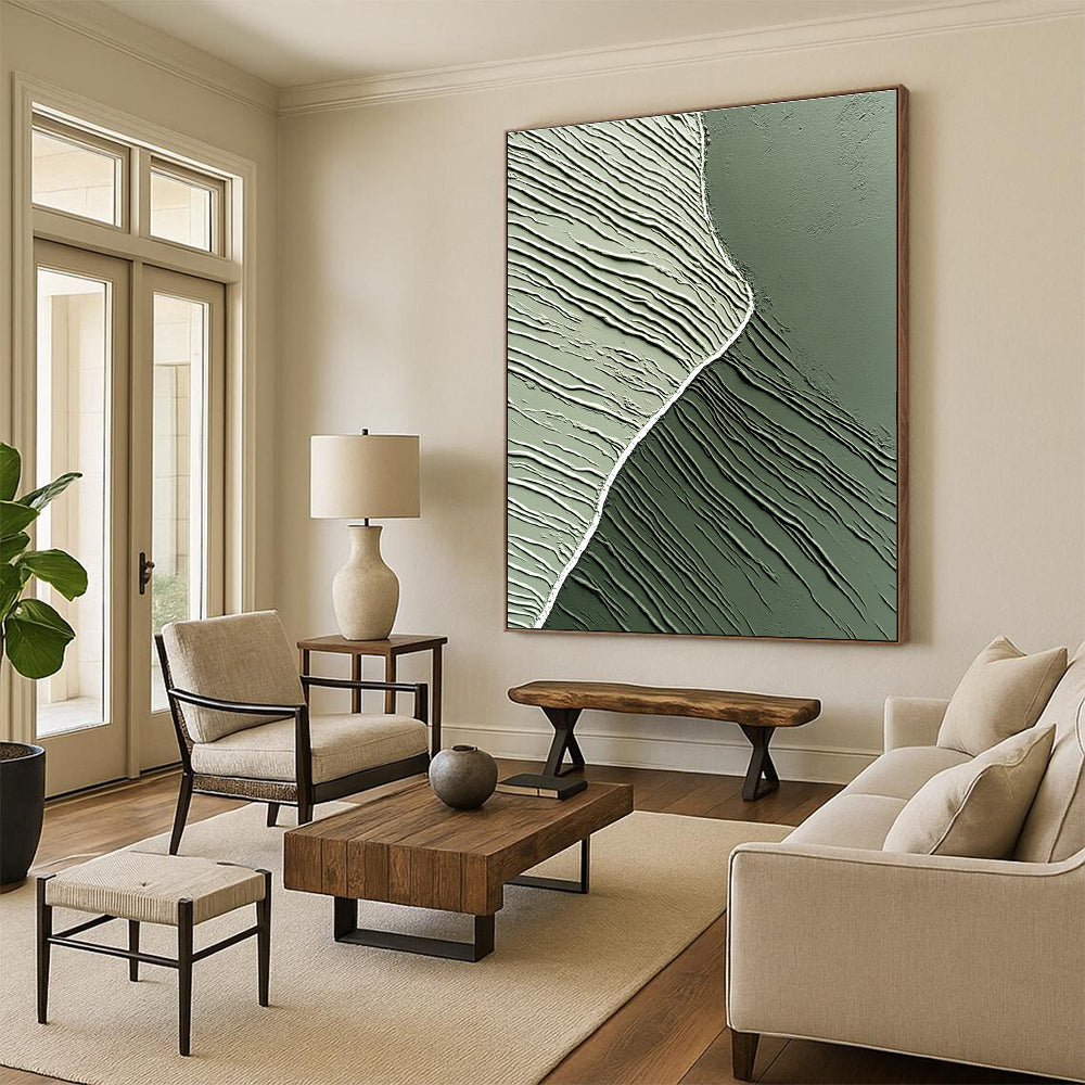 Large abstract artwork featuring smooth gray-green clay textures and a white central line, embodying minimalism and modern aesthetics against a dark background.STSC962