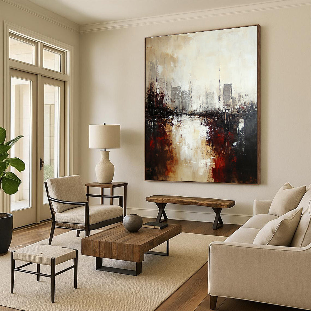 Large abstract oil painting of an industrial cityscape featuring neutral tones with brown and gray accents for an atmospheric effect.STSC148