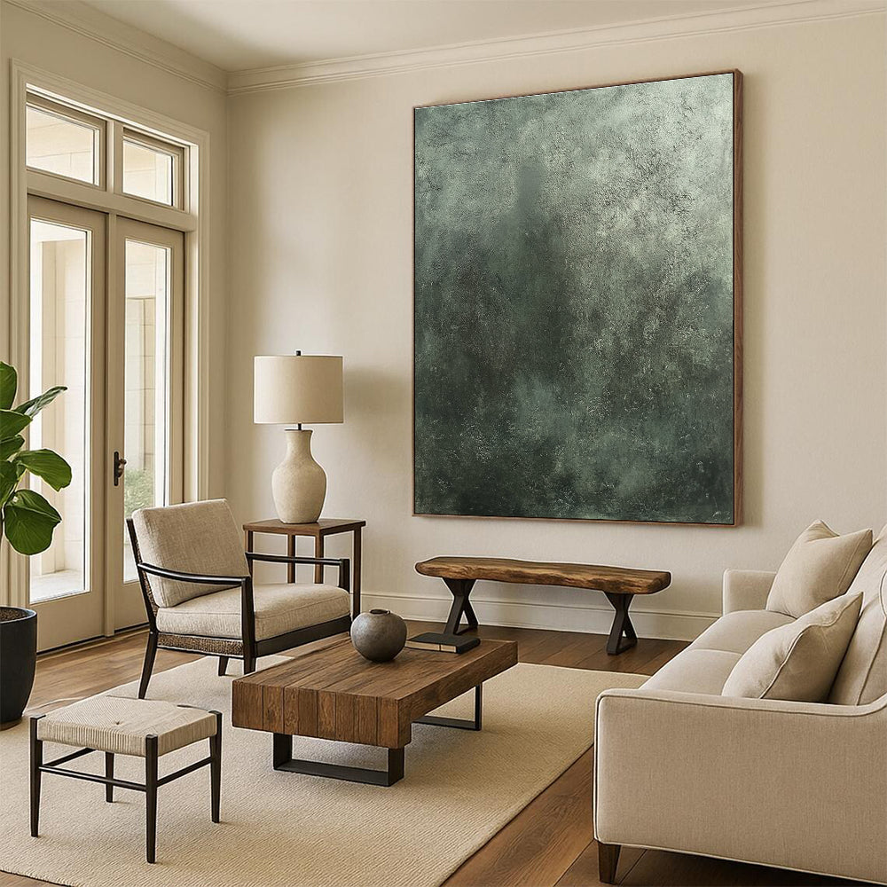 A large abstract painting featuring dark gray concrete texture with subtle greenish tones inspired by Beksiński and Frazetta's styles.STSC1290
