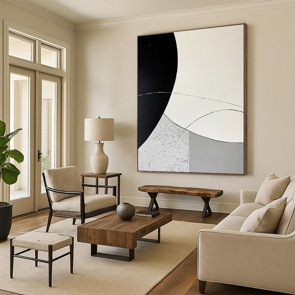 Large abstract painting featuring minimalist curved lines and rounded shapes in black and gray on a textured white background with a circular pattern.STSC436