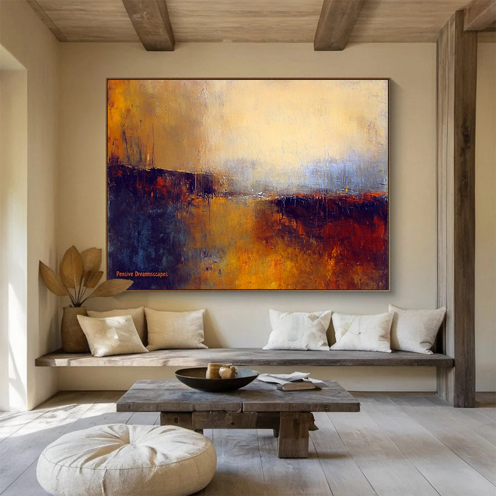 Large abstract painting titled Pensive Dreamscapes featuring blurred landscapes in dark brown and light orange with impressionistic aquarelle style.SC338