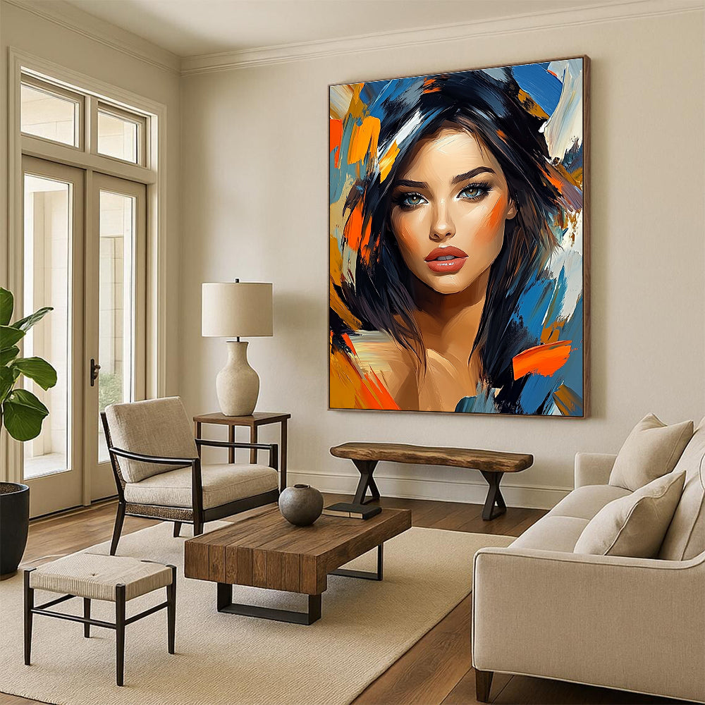 Vibrant abstract painting featuring a stunning woman's portrait with bold colors and sharp focus capturing her beauty and elegance.STSC1270