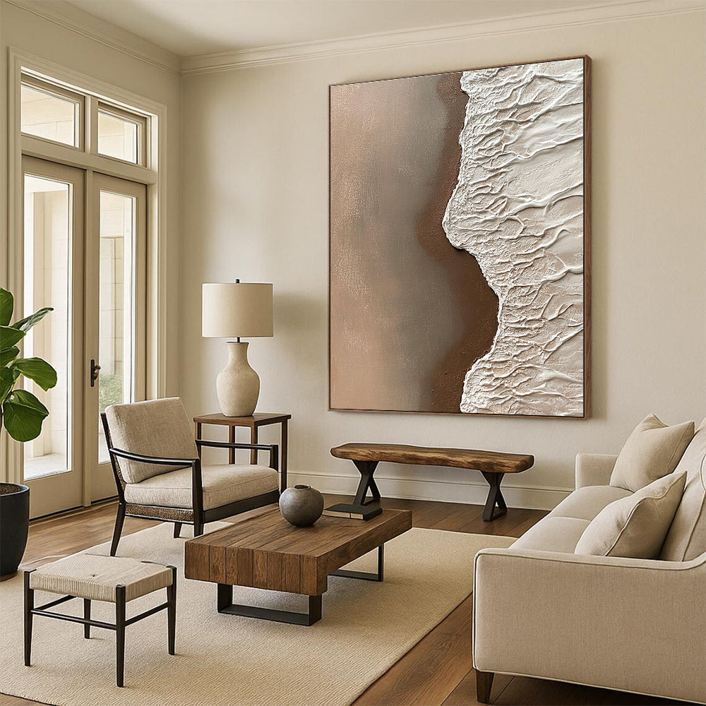 Abstract painting of sand meeting water with intricate details of grains in natural tones creating a tranquil coastal atmosphere.STSC954