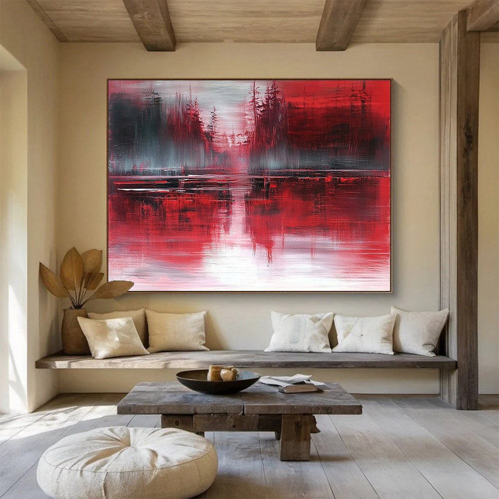 Large abstract painting featuring atmospheric landscape in red and gray tones with reflective water inspired by expressionist style of Richard L. Short.SC155