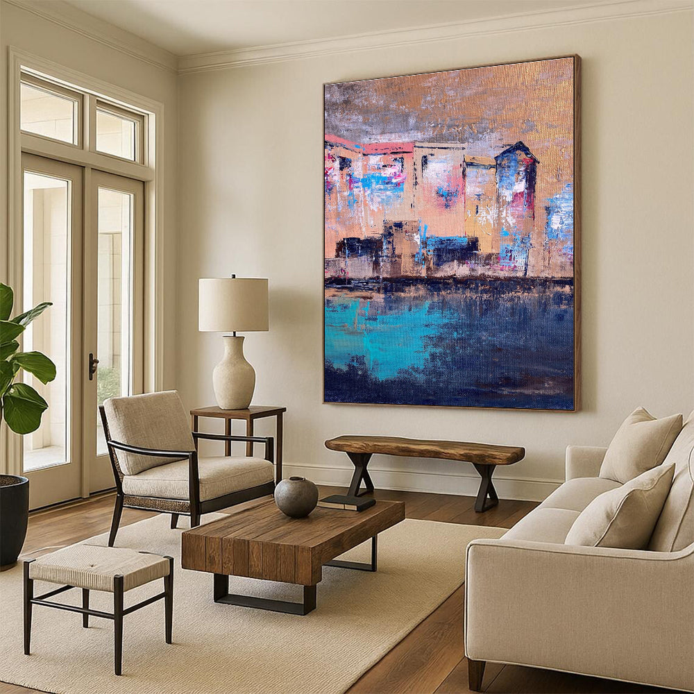 Riverside Houses Abstract Painting with Warm and Cool Tones ADGE460