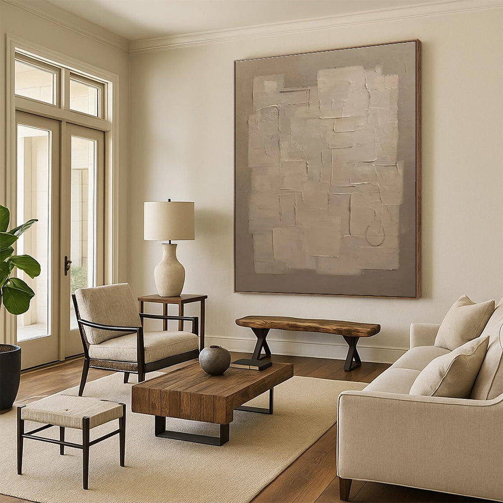 Beige Patchwork Abstract Painting with Gentle Textures ADGE489