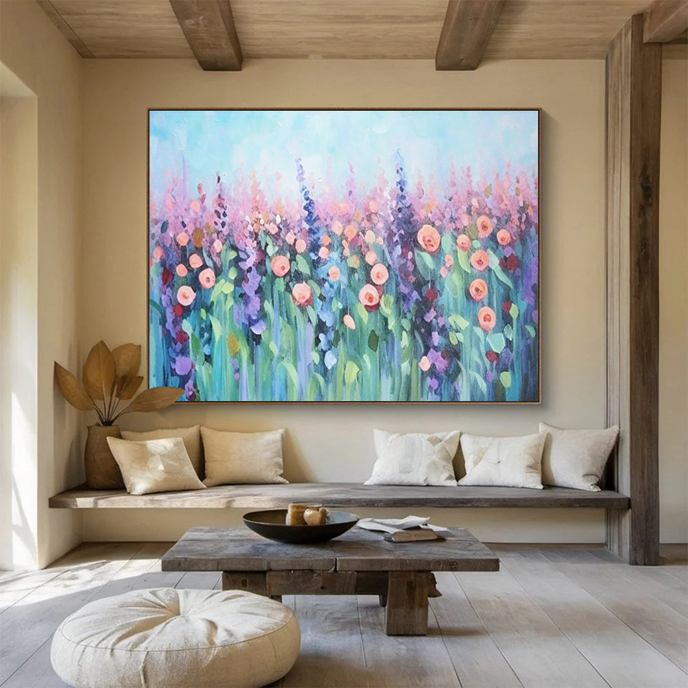 Pastel Flower Field Abstract Painting with Soft Pink and Purple Tones THY229