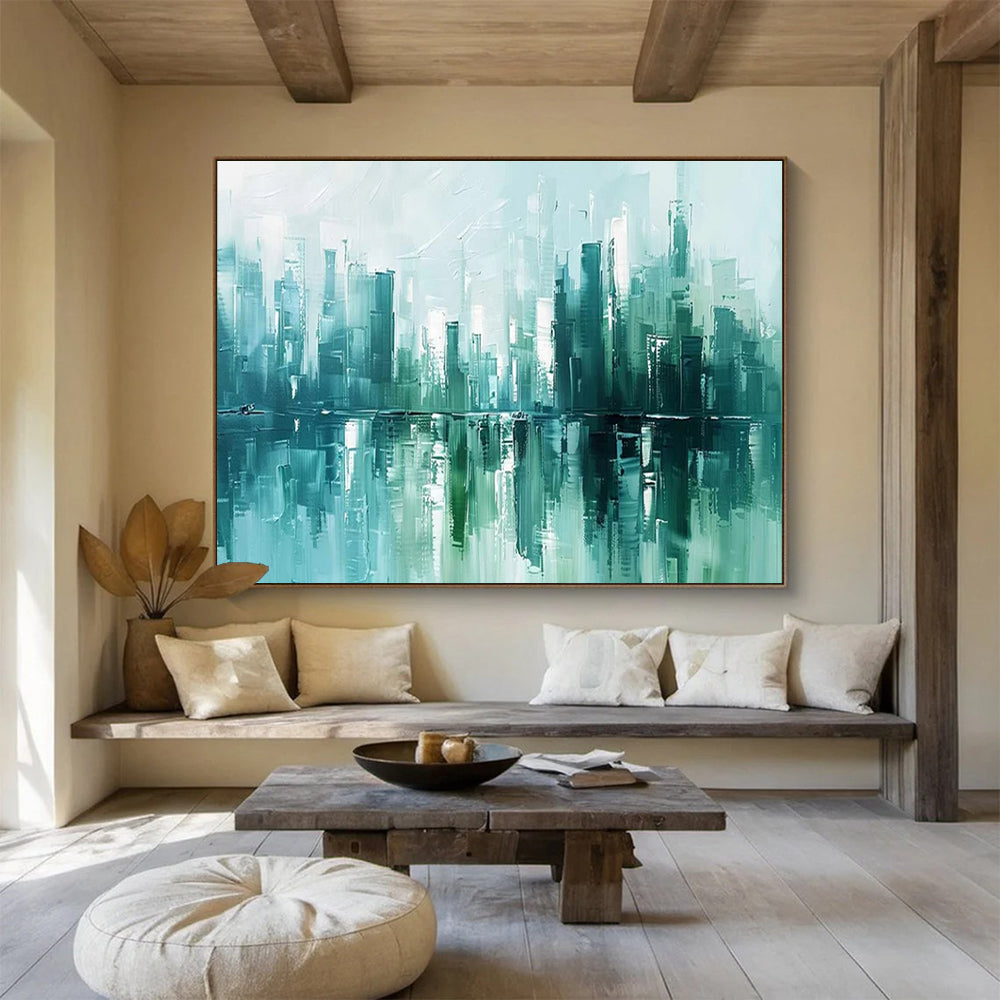 Cityscape Reflection Abstract Painting with Teal and Turquoise Hues THY275
