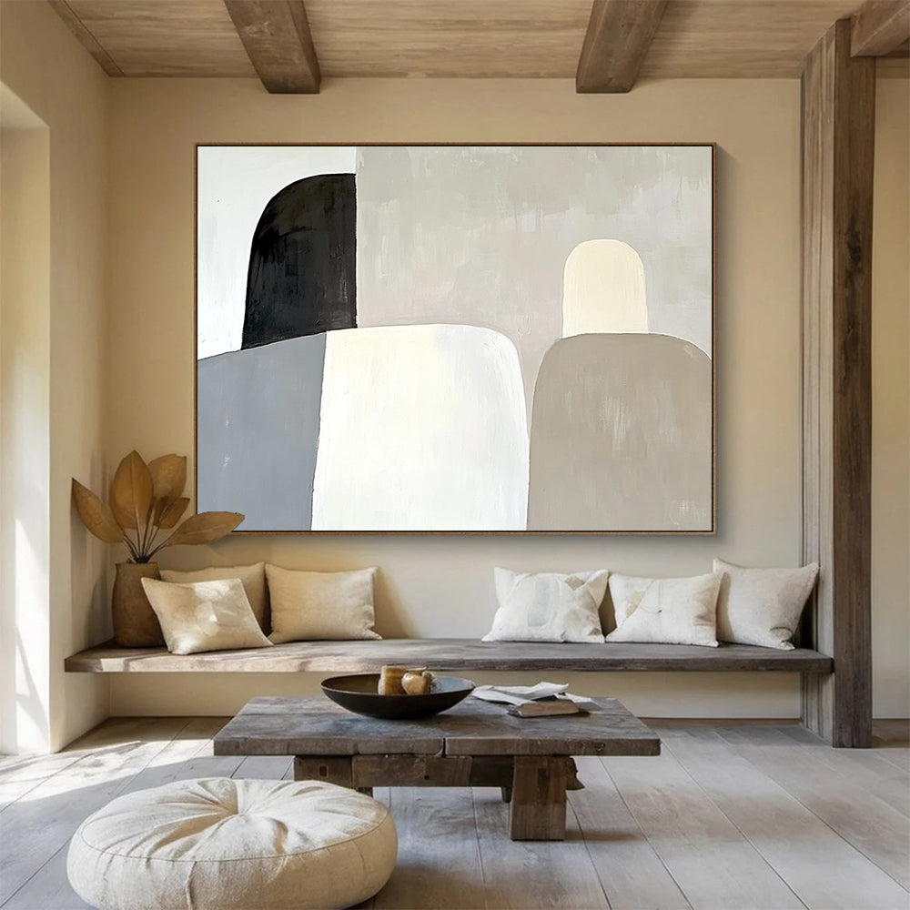 Large abstract painting featuring soft gray shapes against a white background with subtle forms and elegant modern aesthetic.SC589