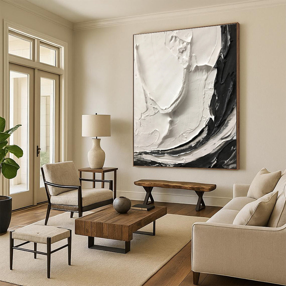 Black and White Expressive Swirl Textured Abstract Painting ADGE387