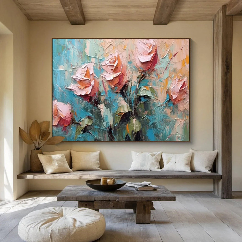 Textured Rose Bouquet Abstract Painting with Soft and Bold Strokes THY293