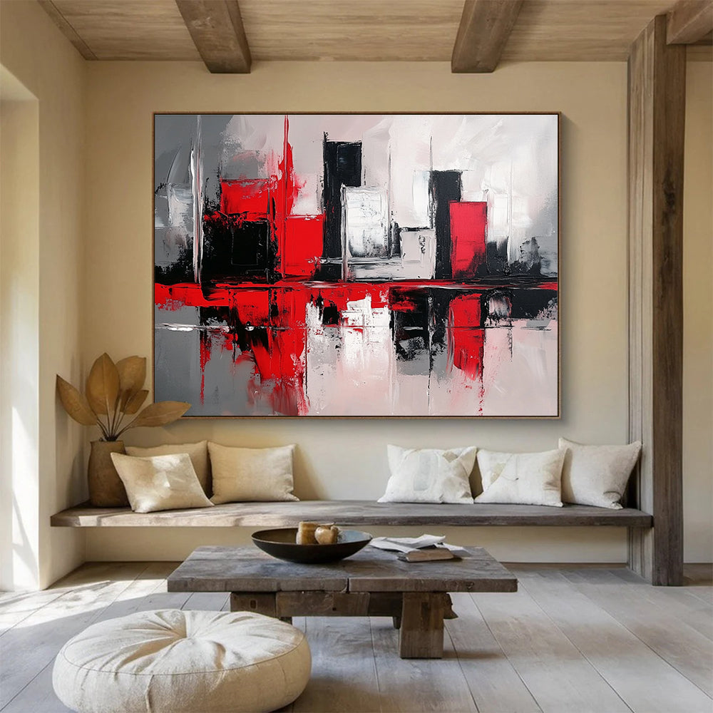 Red Black and White Abstract Painting with Cityscape Reflections DYP398