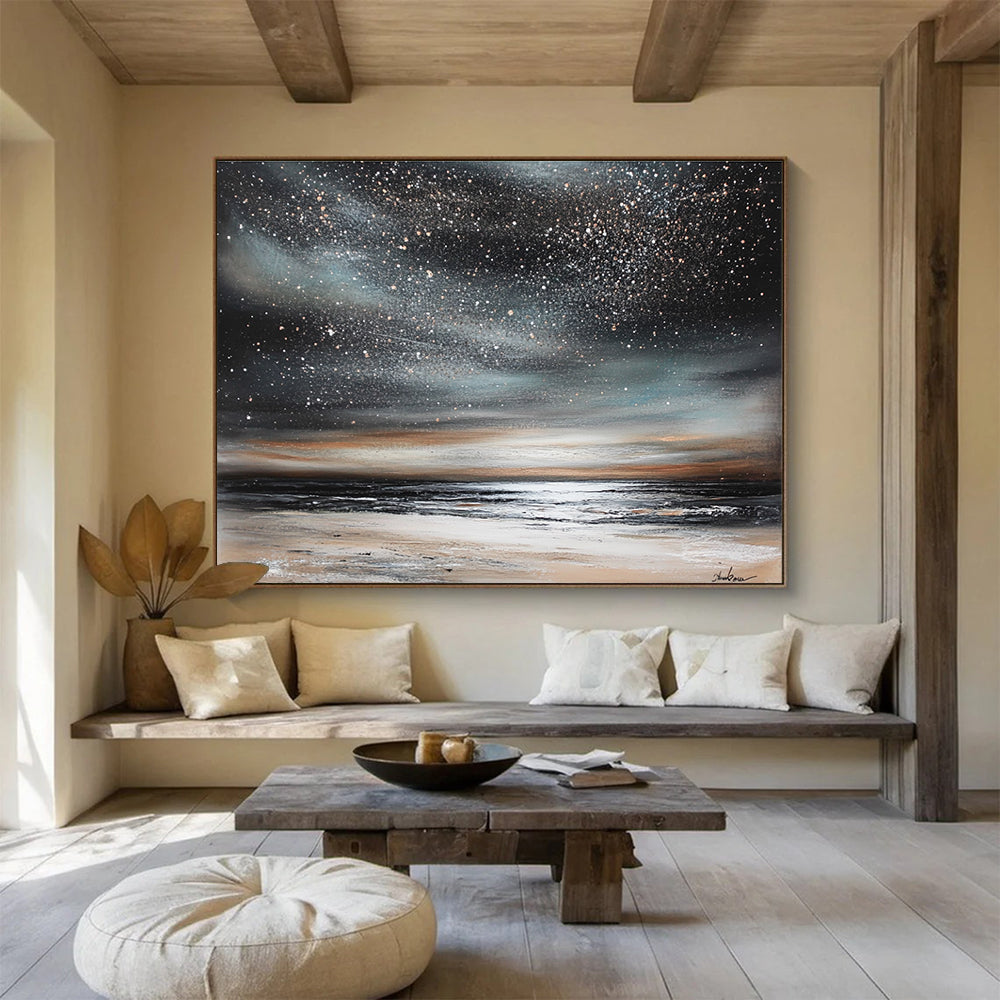 Starry Night Beach Abstract Painting with Dark and Shimmering Tones DYP120
