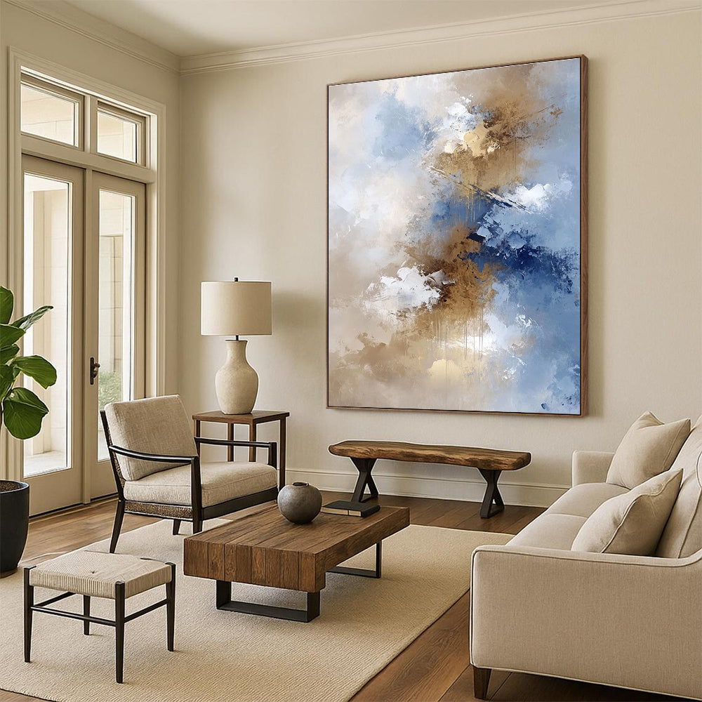 Blue Beige and Gold Abstract Painting with Flowing Textures GER662