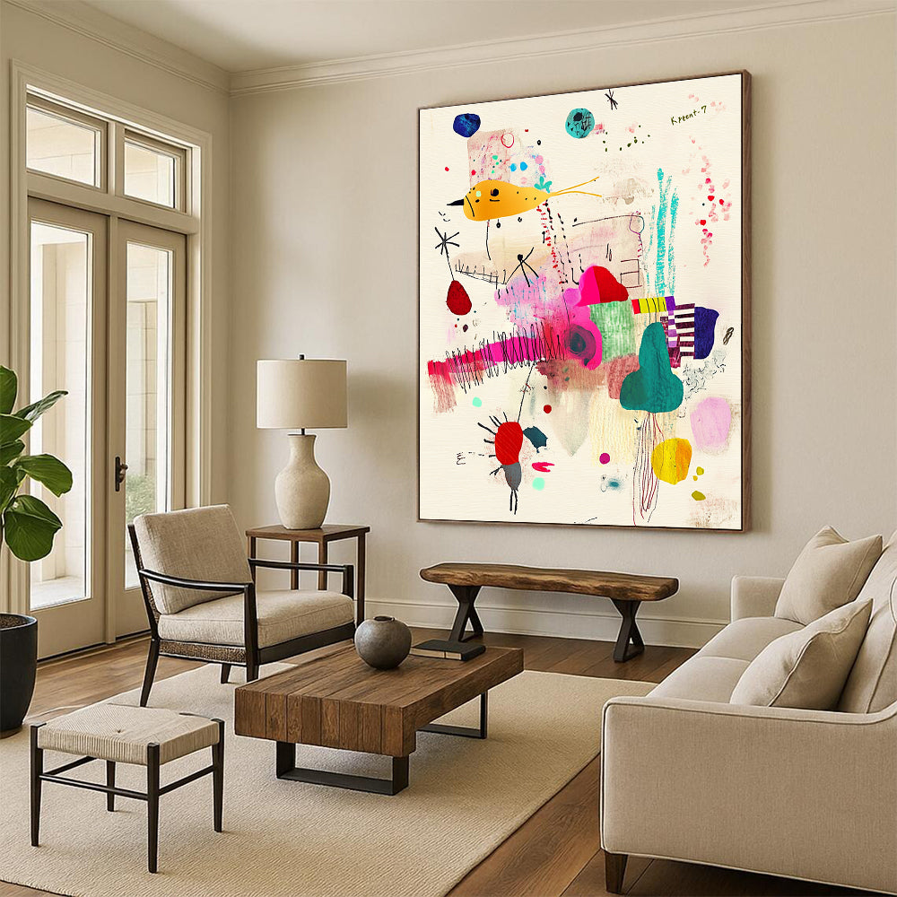 A large abstract painting featuring Krent-7 with whimsical patterns and vibrant fabric scraps on a beige background.STSC1235