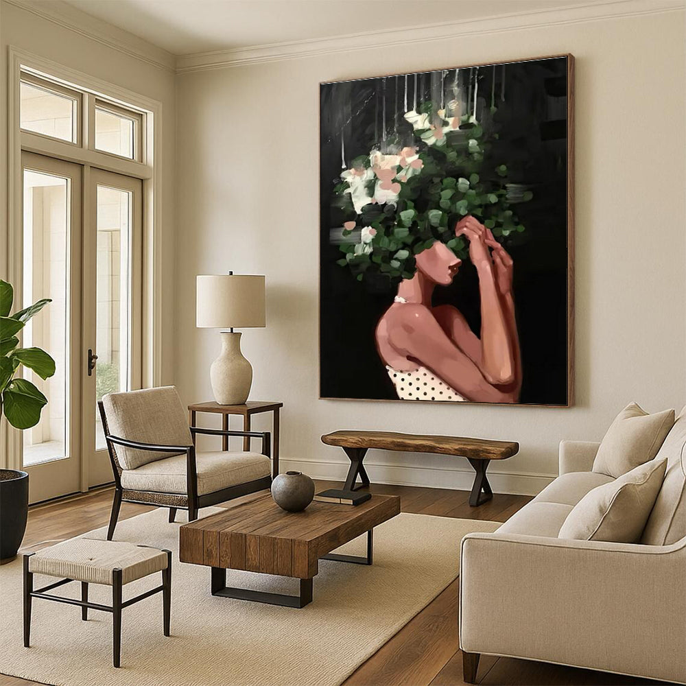 Floral Head Woman Abstract Painting with Green and White Flowers ADGE323