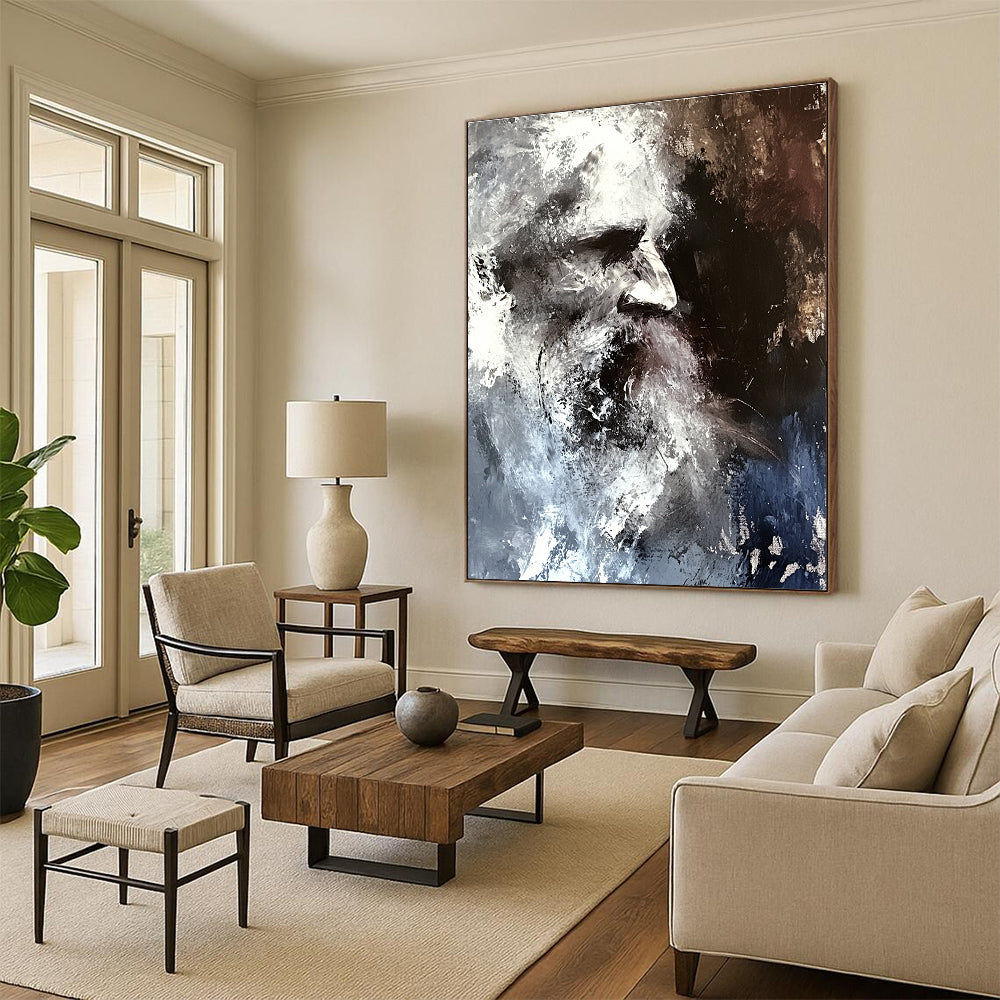 Large abstract painting in shades of grey and white featuring a blurred portrait of an old man with disheveled hair against a dark background.STSC229
