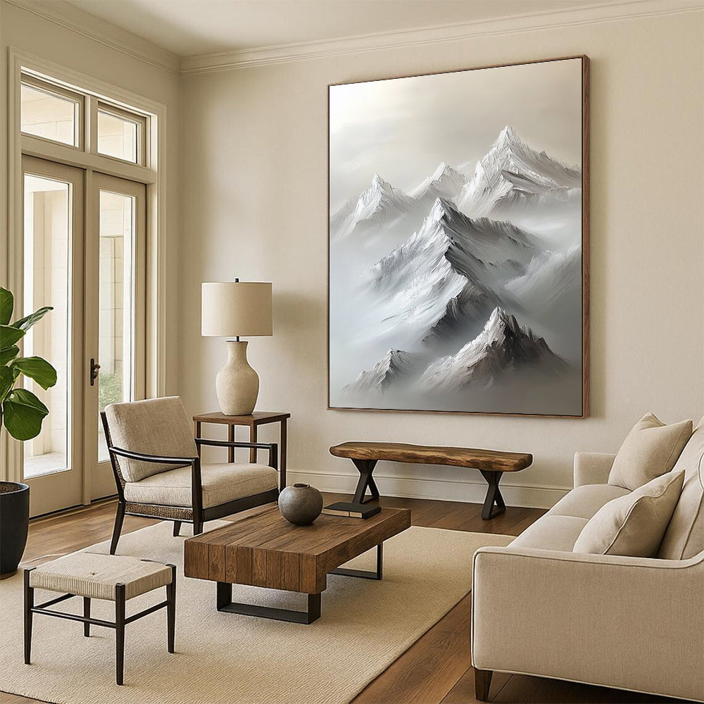 Large abstract painting of a white mountain range with gray snow peaks featuring heavy brush strokes and a minimalist neutral color palette.STSC1254