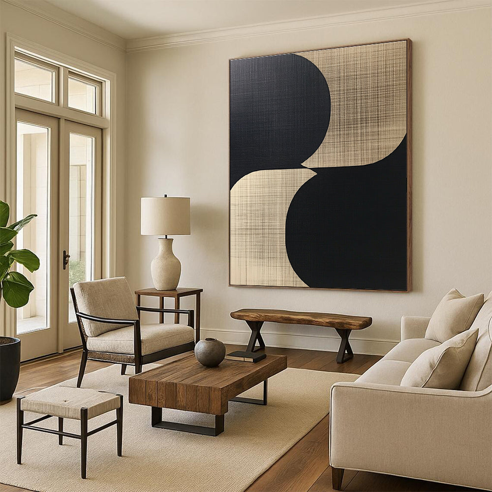Beige Black Circular Shapes Abstract Painting GER839
