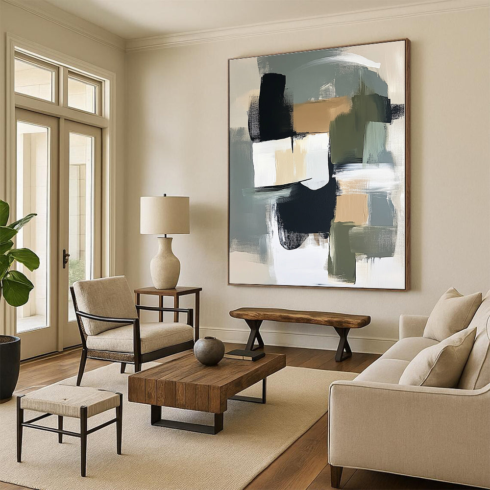 Gray Green and Black Abstract Painting with Bold Brushstrokes GER695
