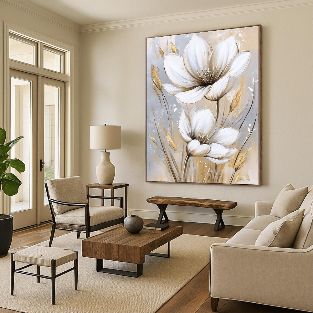 Large abstract painting featuring white flowers on a beige and gray background with soft watercolor textures in white and gold tones.STSC1476