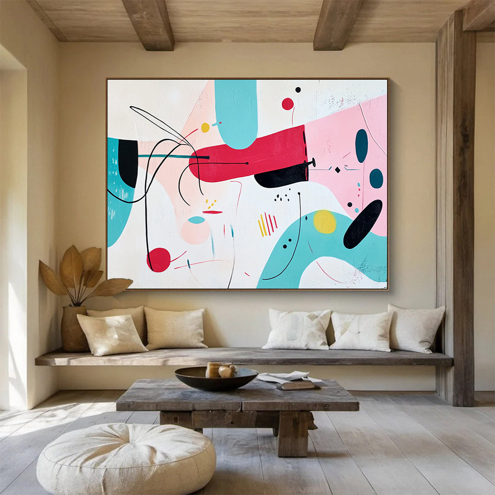 Large abstract painting featuring whimsical pink shapes with black outlines and colorful accents on a white background.SC187