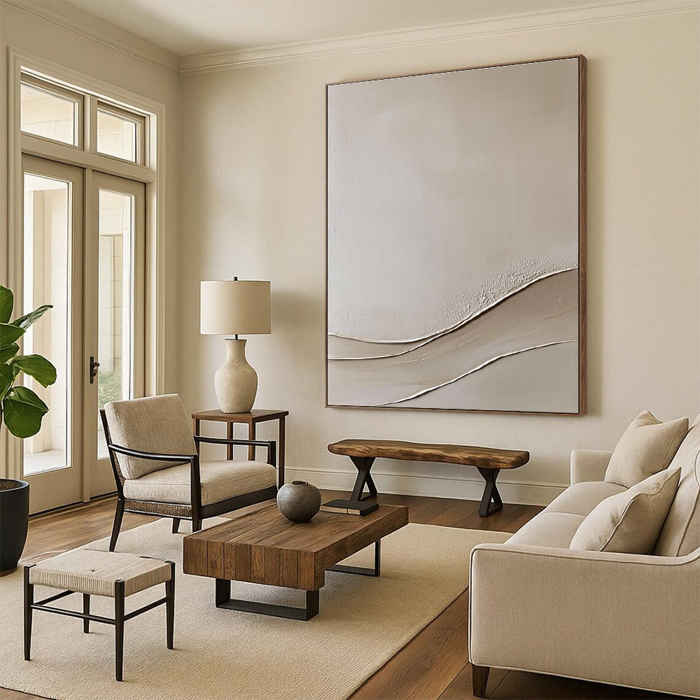 Abstract painting featuring a beige wall with smooth curved lines on a textured canvas in a neutral color palette and fine art style.STSC867