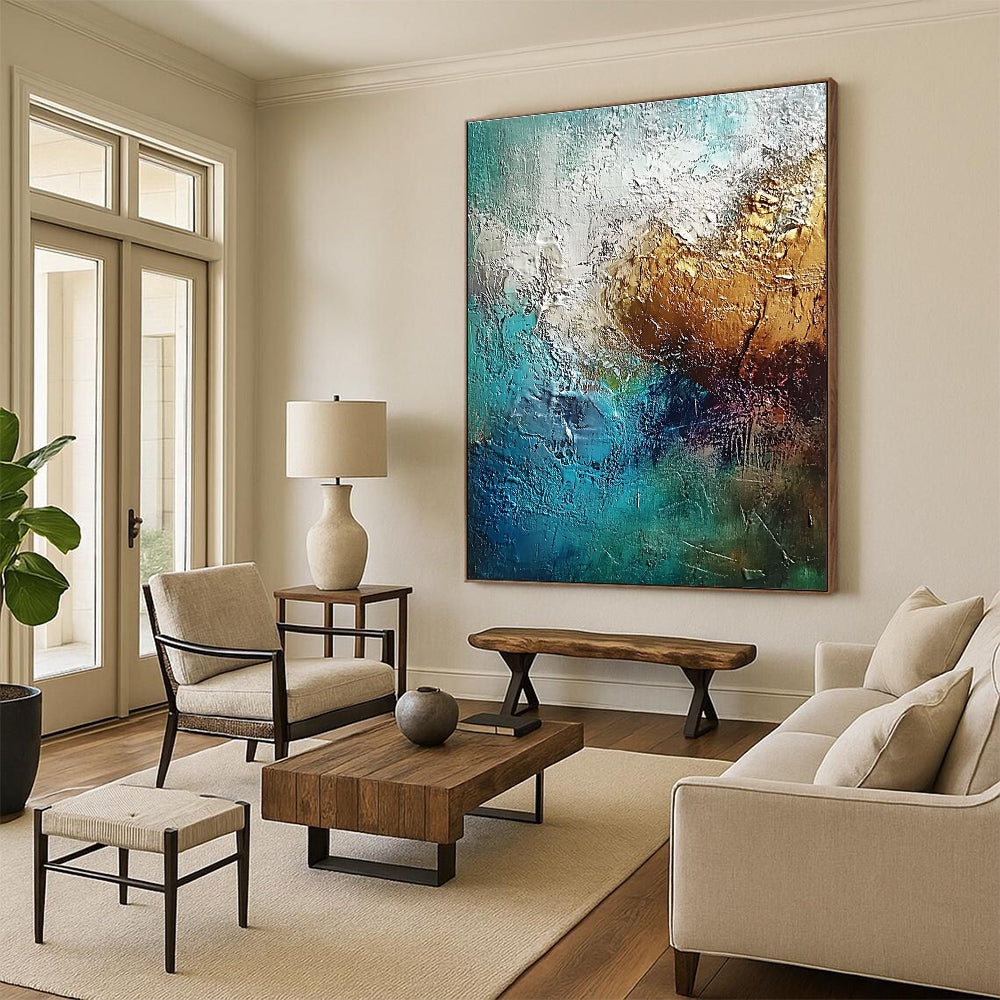Teal Gold Abstract Painting with Thick Textures GER785