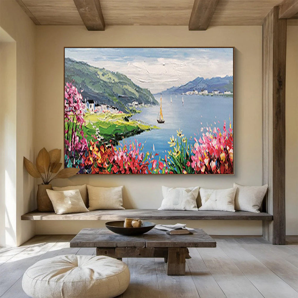 Lakeside Village Abstract Painting with Blue, Green, and Pink Tones THY209