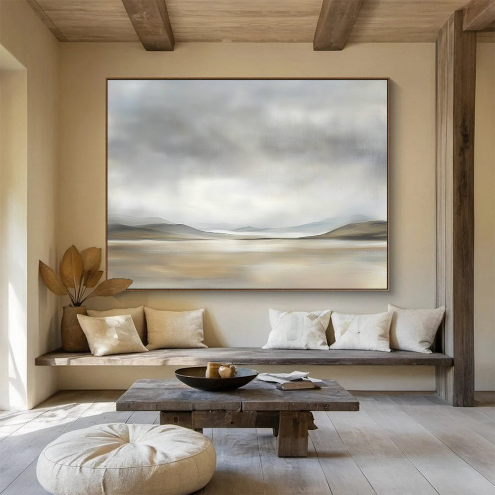 Large abstract painting depicting the Scottish Highlands with muted colors and soft brushstrokes, creating a serene and peaceful atmosphere.SC073