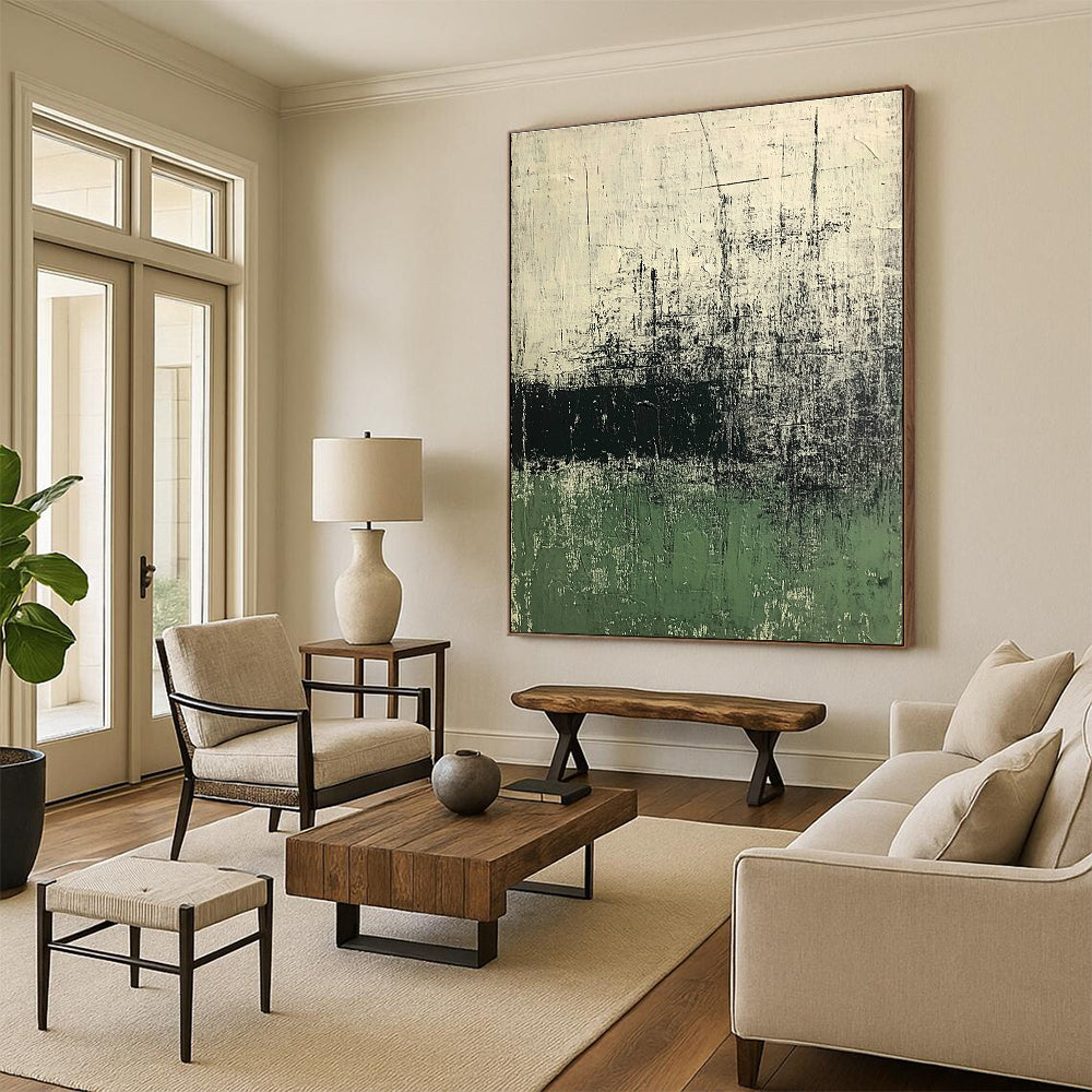 Large abstract painting in green and white tones with dark gray texture on old paper background evokes calmness and mystery through eroded and cracked surfaces.STSC423