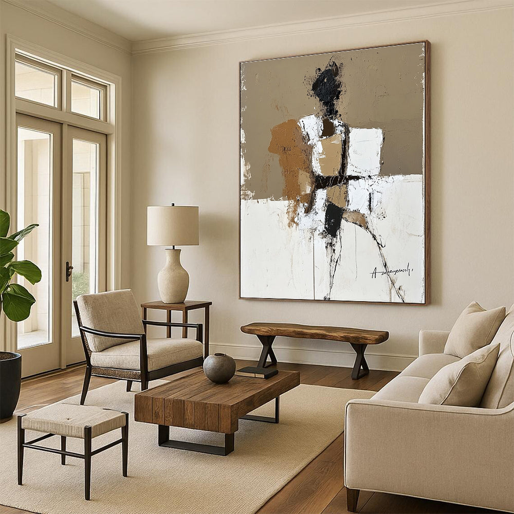 Large abstract painting in beige brown and white featuring humanistic forms with textured expressive brush strokes inspired by Anatoly Zaregorodtsev.STSC388