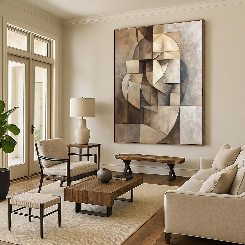 A large abstract painting features a geometric composition in muted colors, inspired by Picasso's cubist style for a sophisticated aesthetic.STSC859