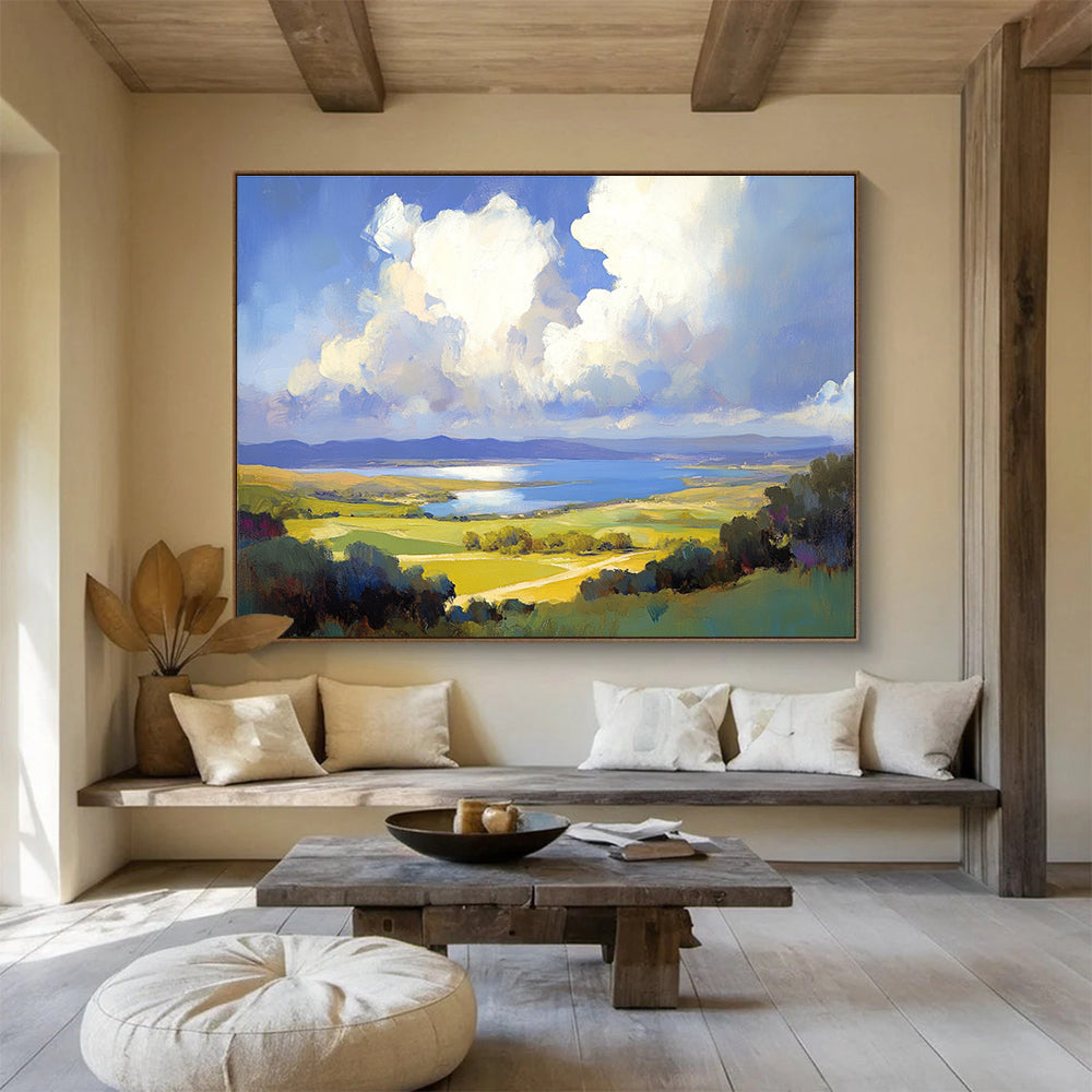 Large abstract painting capturing clouds over the bay area inspired by Gerhartz Sargent and Stats with vibrant colors and dynamic brushwork.SC584