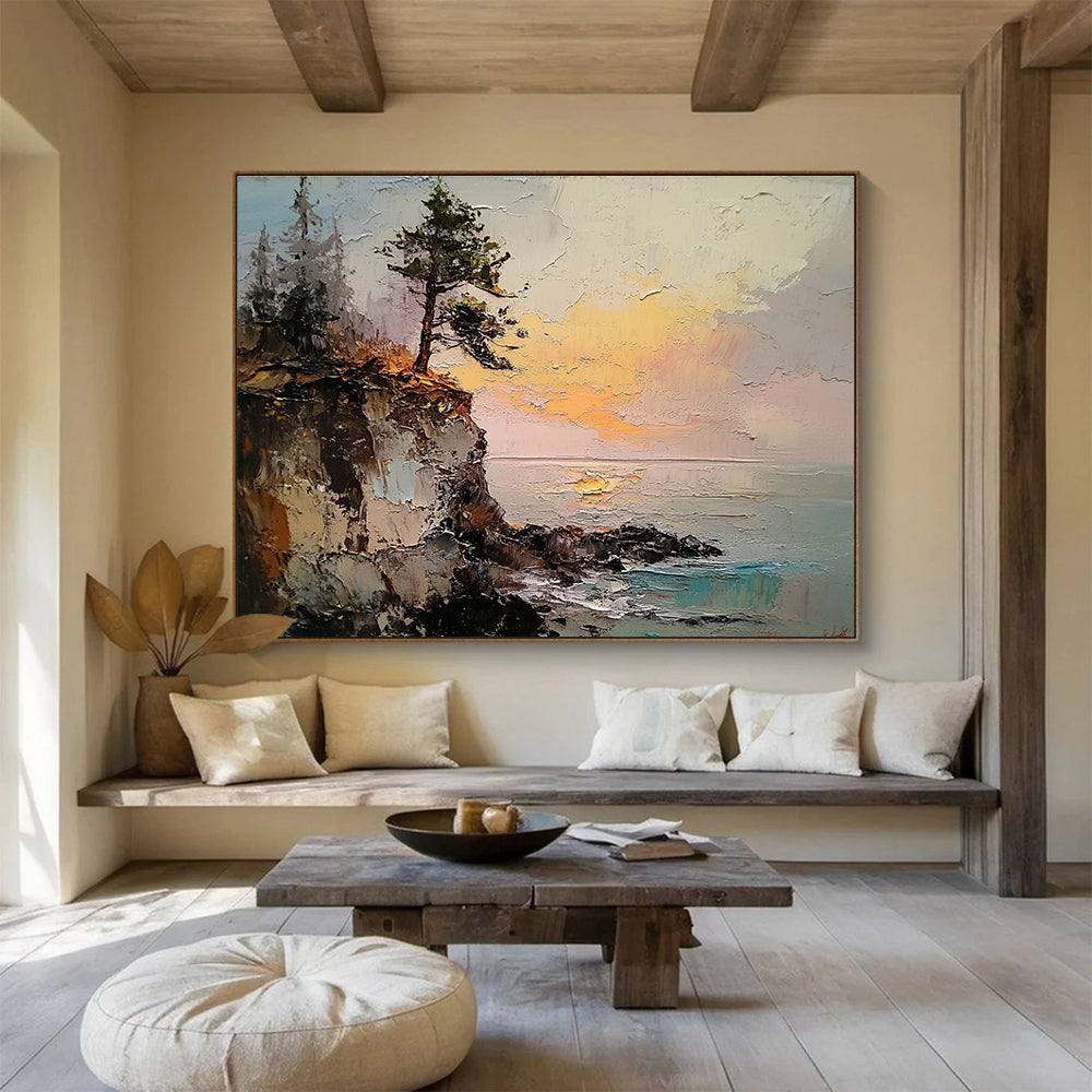 Cliffside Tree at Sunset Impasto Abstract Painting with Vivid Oranges DYP593