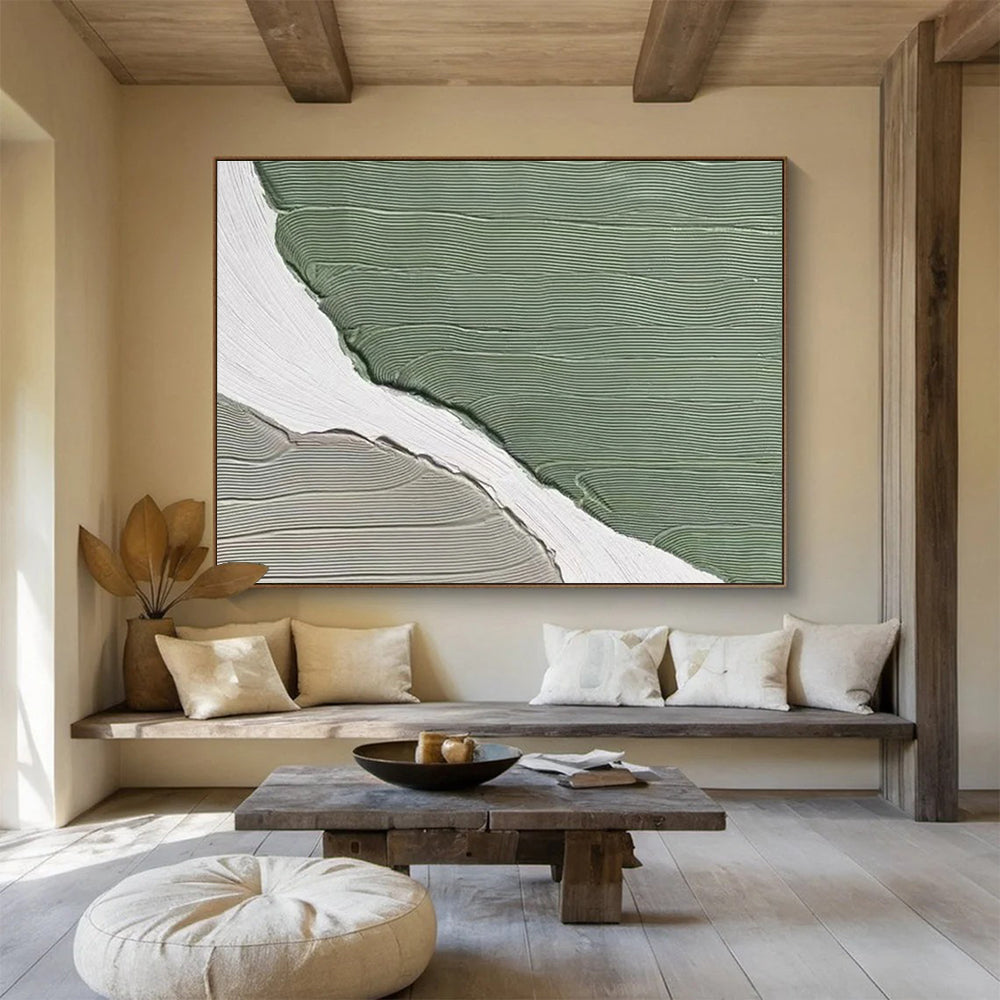 Green White Abstract Painting with Clean, Modern Lines THY396