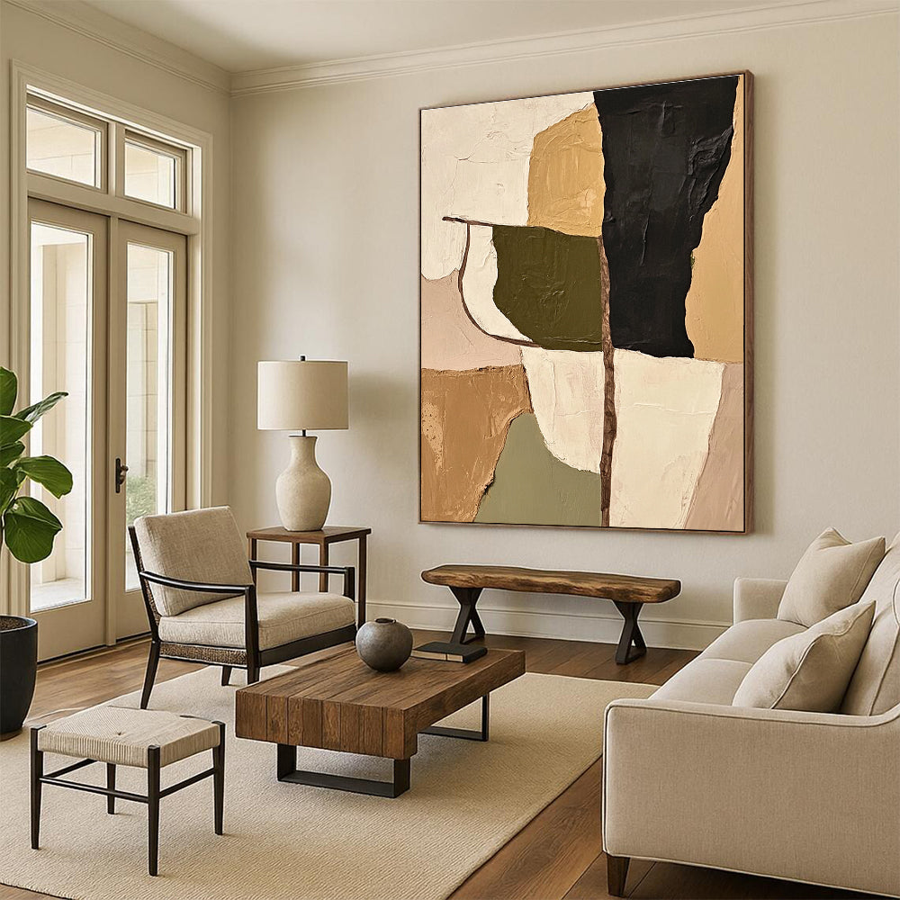 Large abstract painting featuring olive green beige and black shapes with thick impasto strokes that adds depth and texture to any space.STSC696