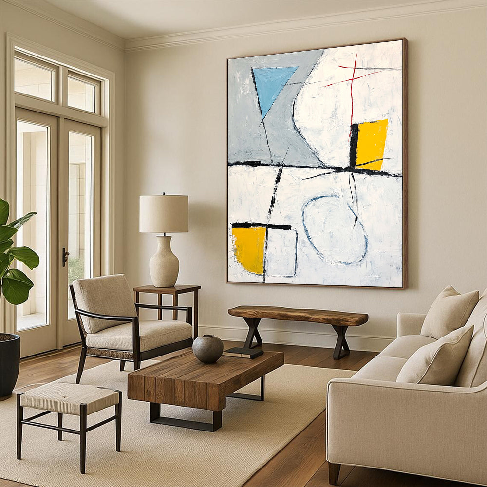 Large abstract painting featuring gray white and yellow shapes with a blue line connecting corners and black brush strokes.STSC612