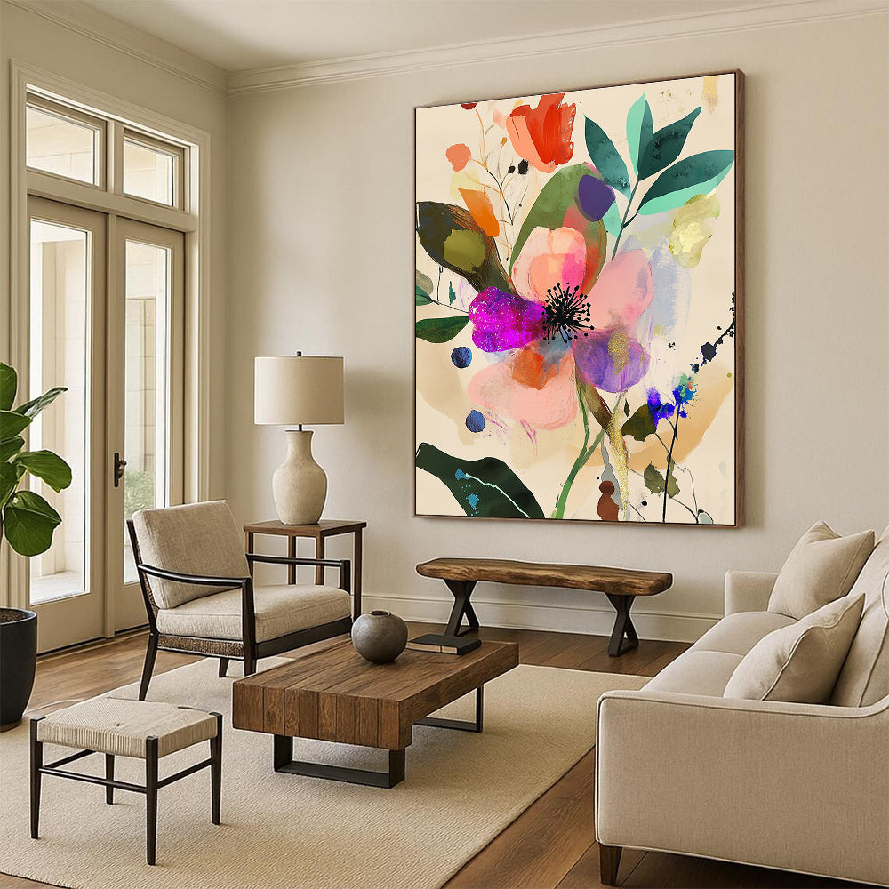 Large abstract watercolor painting featuring iridescent pink flower surrounded by floral patterns in pastel colors with organic shapes and black ink details.STSC1045