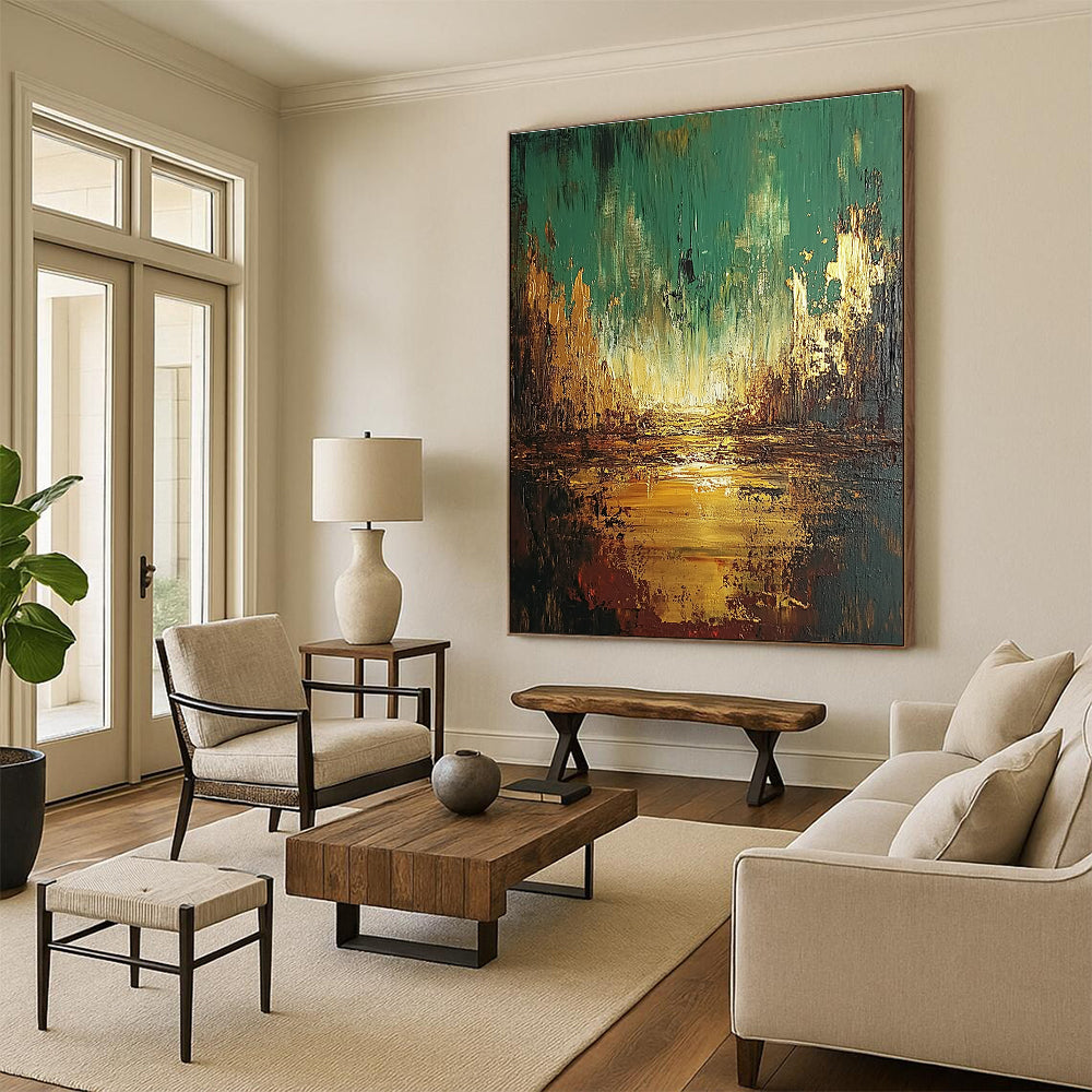 Large abstract oil painting depicting an apocalyptic landscape in greens and browns with golden highlights, perfect for bold decor.STSC583