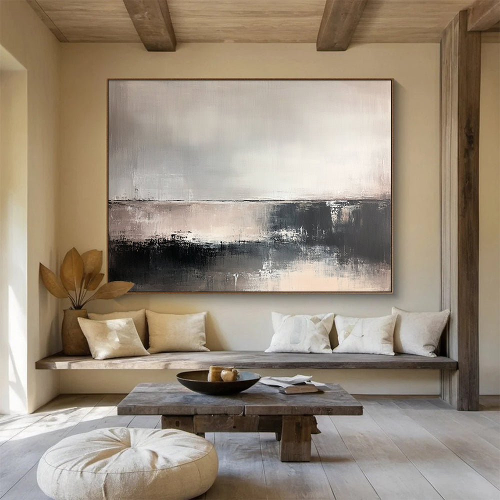 Large abstract painting in soft neutral tones featuring deep textures and a faint horizon line, evoking tranquility and contemplation in an abstract landscape.SC382