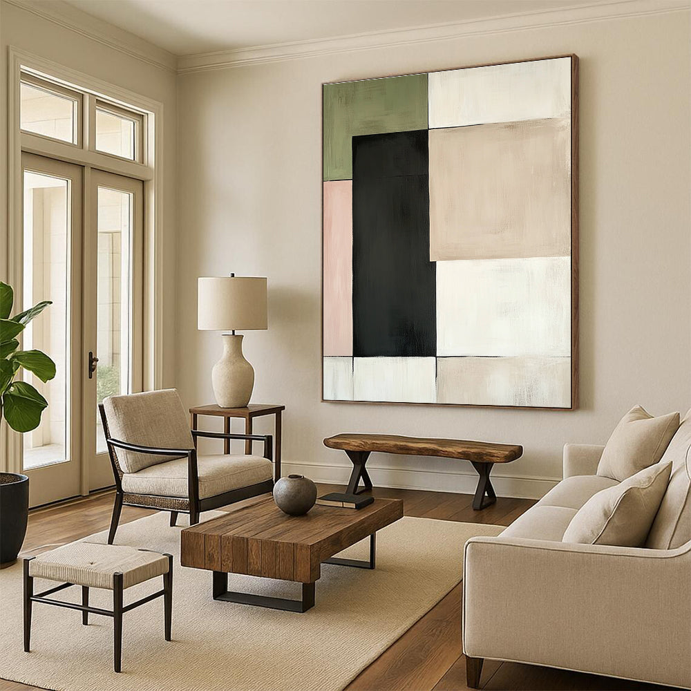 Large abstract painting featuring beige green and black squares with dark grey accents set against a white background with pale pink and light brown highlights.STSC764