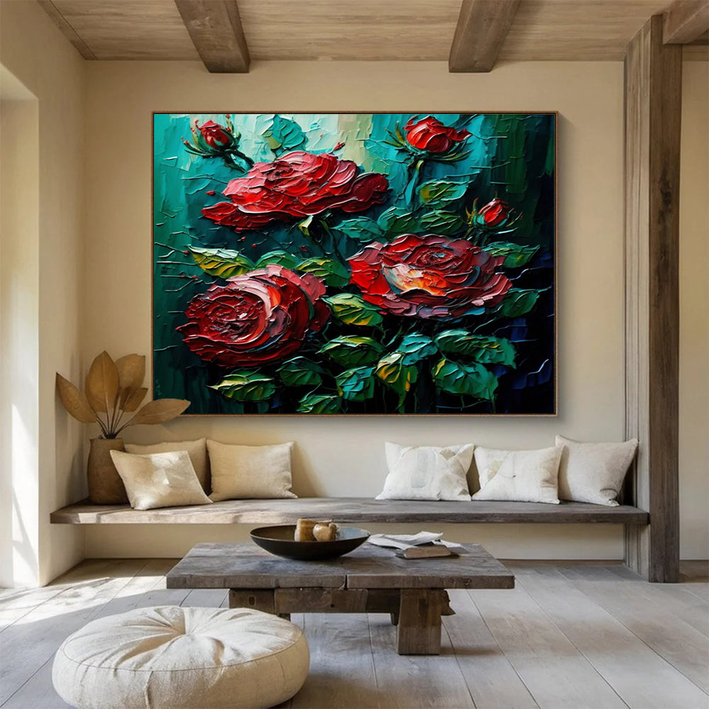 Red Rose Texture Abstract Painting with Deep Greens and Reds THY306