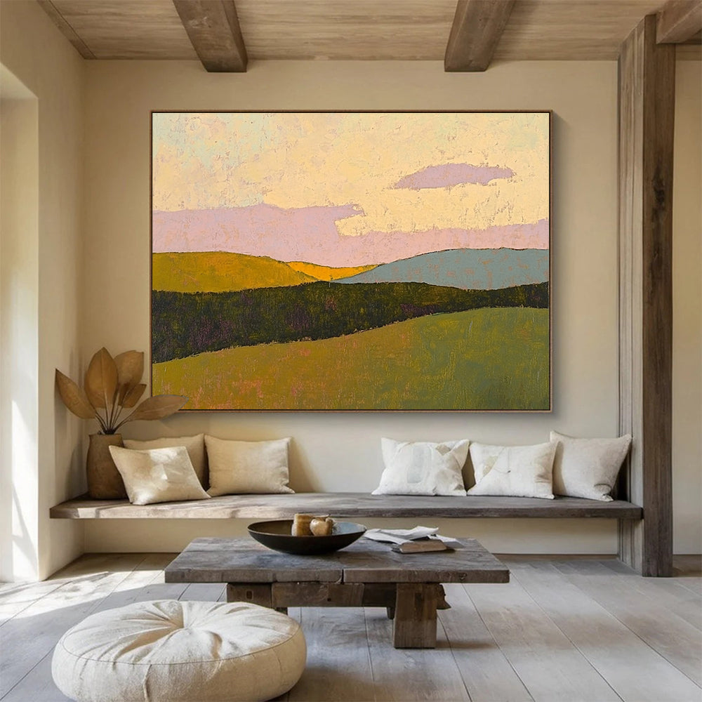 Large abstract painting in pastel colors showcases rolling hills under a sunset sky with textured impasto technique on paper.SC578