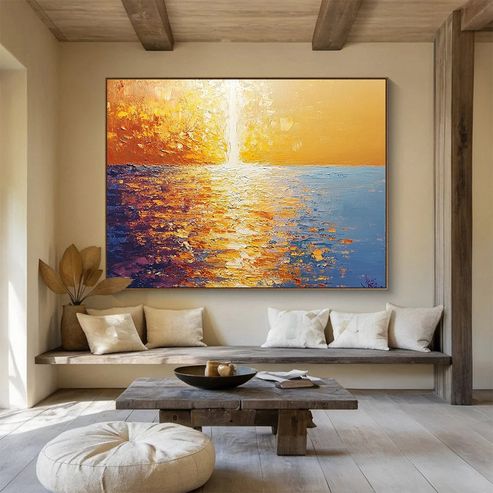 Golden Sunset Sea Abstract Painting with Reflective Textures DYP264