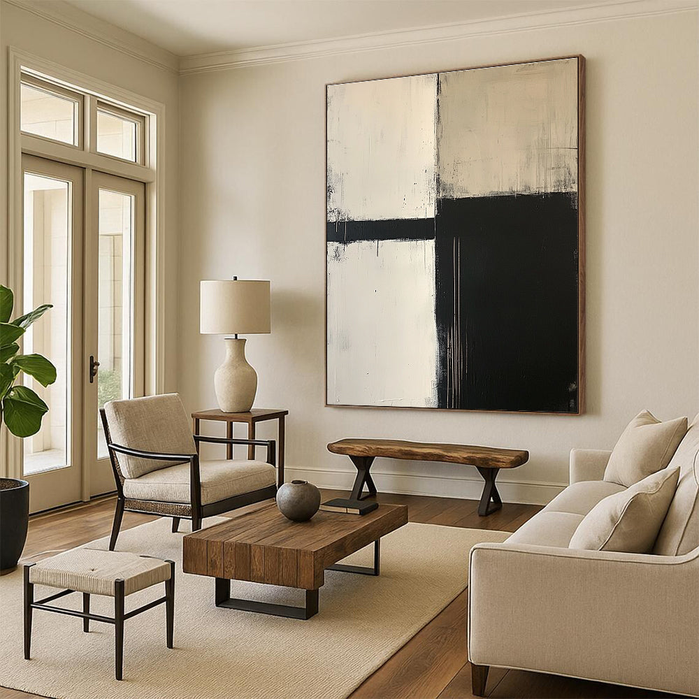 Black and White Minimalist Abstract Painting with Geometric Forms GER650